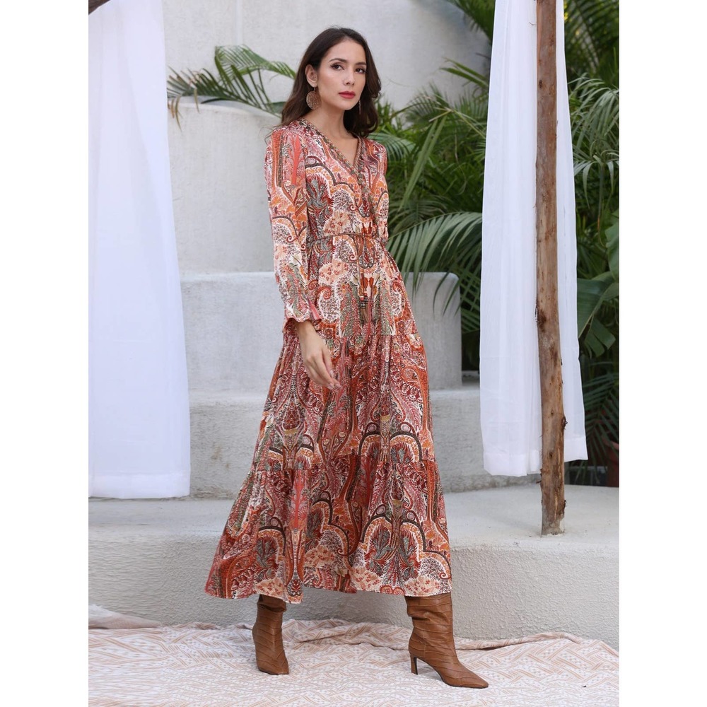 🌟 Boho Paisley Print Tassel Belted Ruffle Hem Flounce long Sleeve maxi Dress